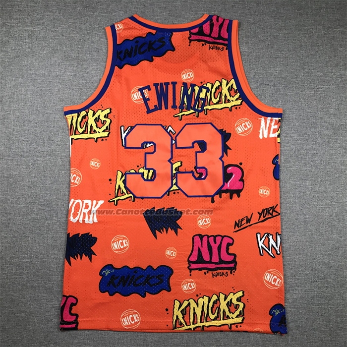 Maglia New York Knicks Patrick Ewing #33 Slap Sticker Mitchell & Ness 1991-92 Arancione